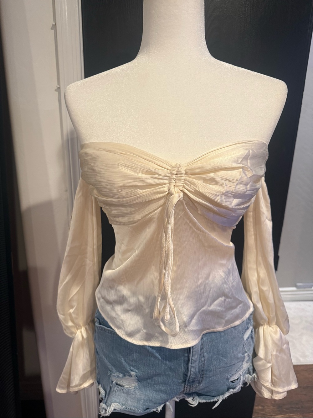 Off-Shoulder Ruched Satin Top in Cream